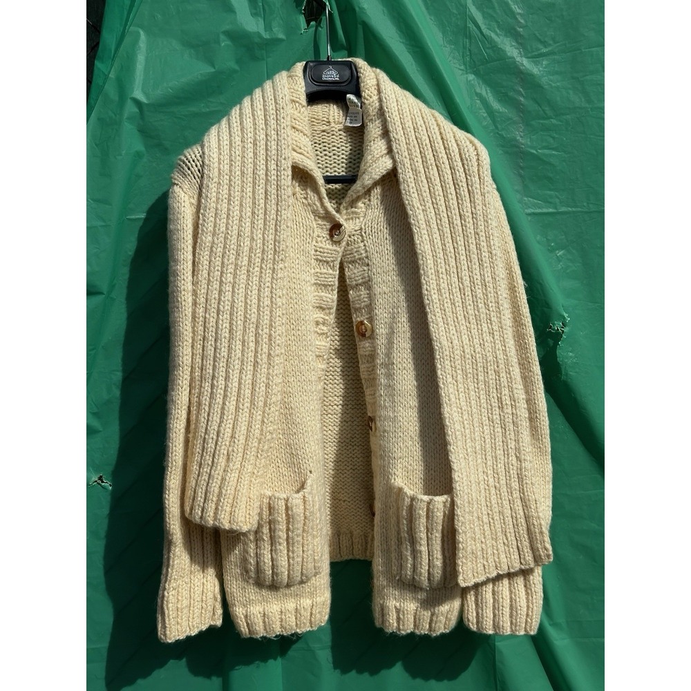 Hand Knit Wool Cardigan S Cream Chunky‎ Button Sweater